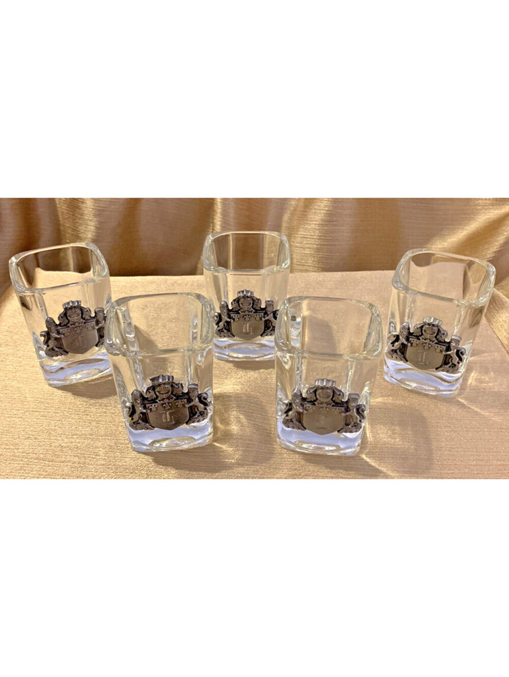 VTG Pewter Shot Glasses - Lion Crest of Armor Medallion MINT 5pc Retro Barware